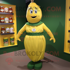 Olive Bottle Of Mustard mascot costume character dressed with a Mini Skirt and Belts