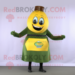 Olive Bottle Of Mustard mascot costume character dressed with a Mini Skirt and Belts