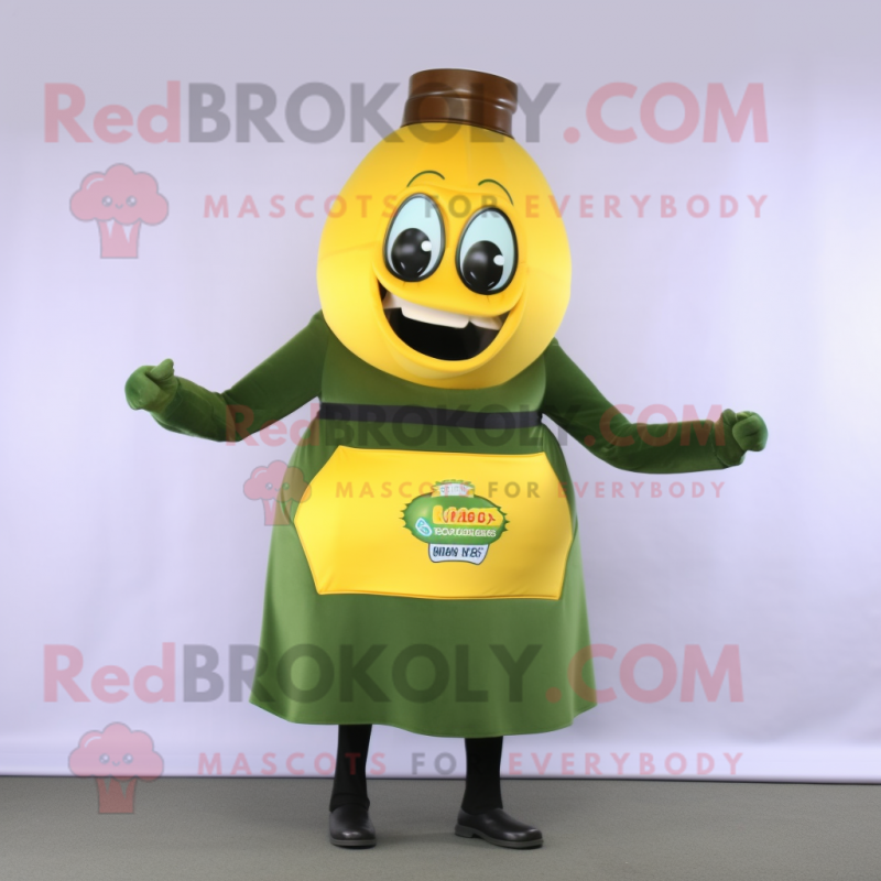 Olive Bottle Of Mustard mascot costume character dressed with a Mini Skirt and Belts Olive Bottle Of Mustard mascot costume character dressed with a Mini Skirt and Belts