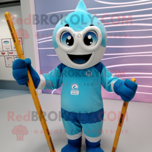 Cyan Ice Hockey Stick mascot costume character dressed with a Swimwear and Headbands