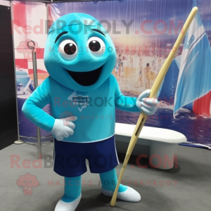 Cyan Ice Hockey Stick mascot costume character dressed with a Swimwear and Headbands