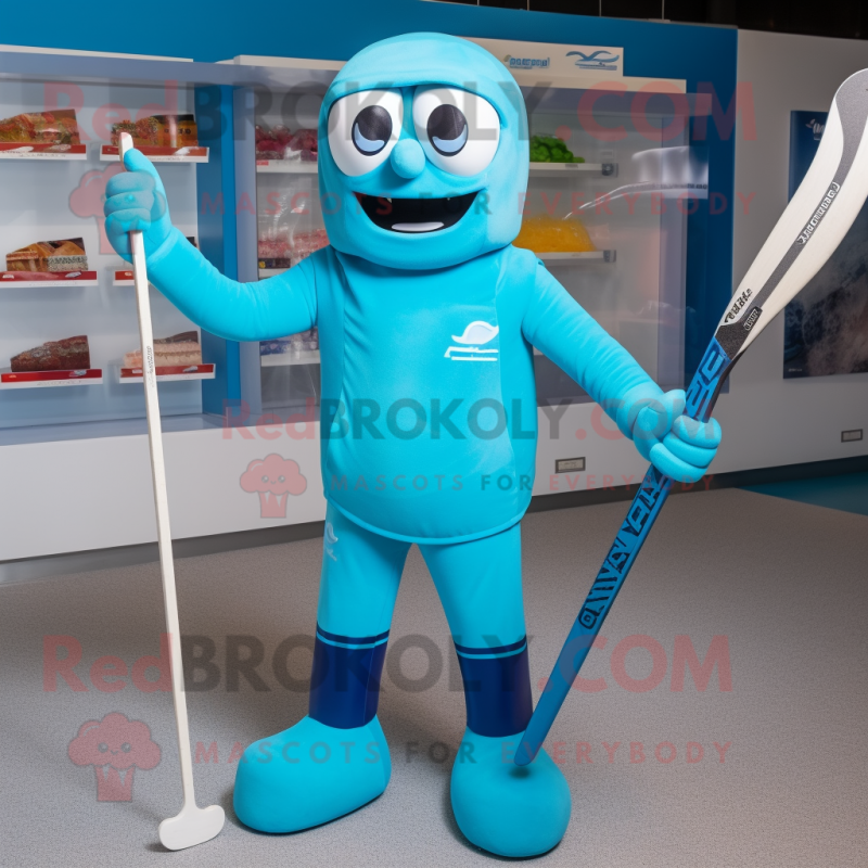 Cyan Ice Hockey Stick mascot costume character dressed with a Swimwear and Headbands Cyan Ice Hockey Stick mascot costume character dressed with a Swimwear and Headbands