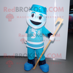 Cyan Ice Hockey Stick mascot costume character dressed with a Swimwear and Headbands
