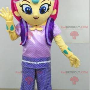 Yellow girl mascot with pink hair - Redbrokoly.com