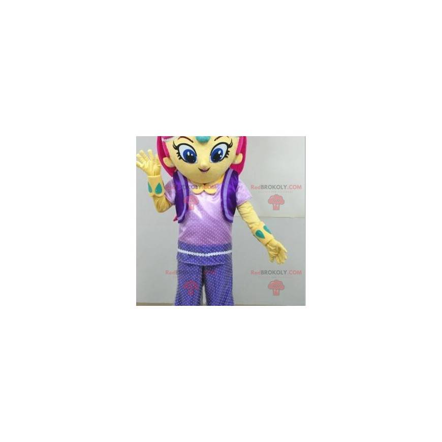 Yellow girl mascot with pink hair - Redbrokoly.com