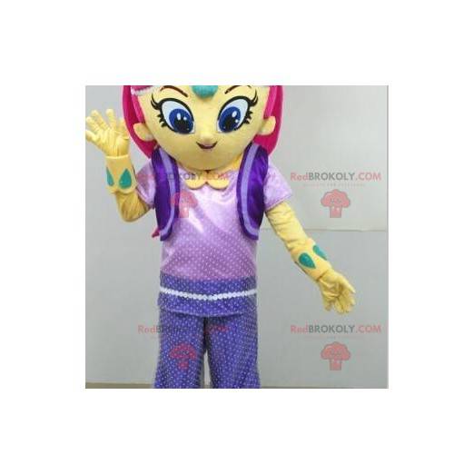 Geel meisje mascotte met roze haar - Redbrokoly.com
