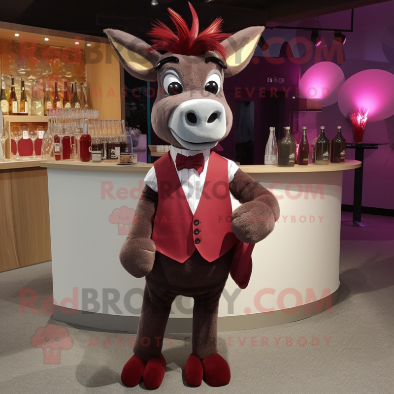 Maroon Donkey mascot costume character dressed with a Cocktail Dress and Bow ties