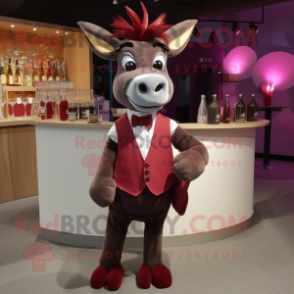 Maroon Donkey mascot costume character dressed with a Cocktail Dress and Bow ties