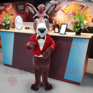 Maroon Donkey mascot costume character dressed with a Cocktail Dress and Bow ties