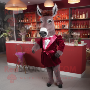 Maroon Donkey mascot costume character dressed with a Cocktail Dress and Bow ties