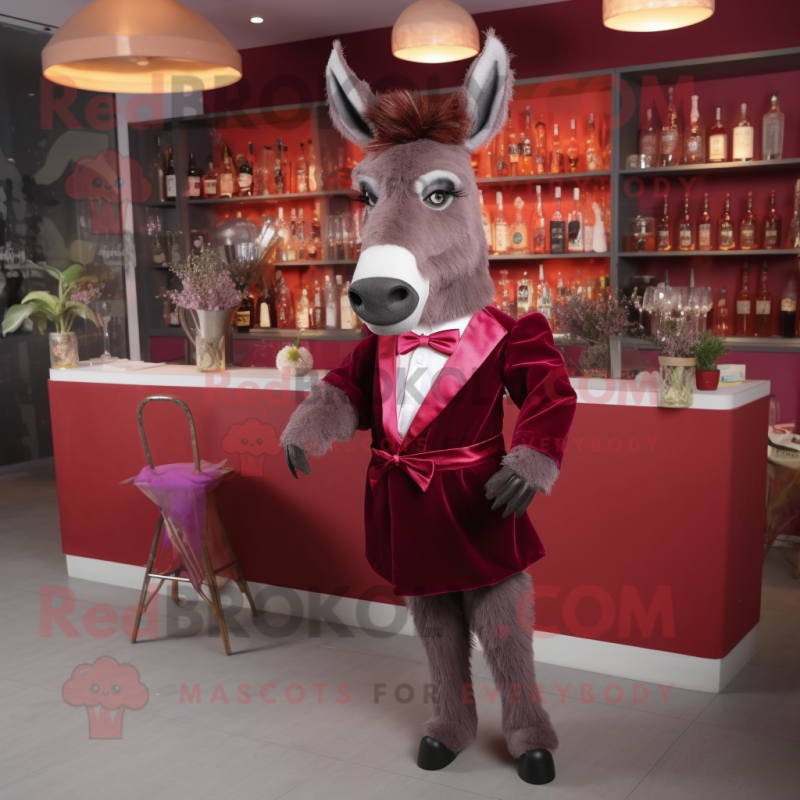Maroon Donkey mascot costume character dressed with a Cocktail Dress and Bow ties Maroon Donkey mascot costume character dressed with a Cocktail Dress and Bow ties