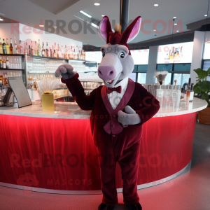 Maroon Donkey mascot costume character dressed with a Cocktail Dress and Bow ties