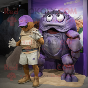 Purple Hermit Crab mascot costume character dressed with a Cargo Shorts and Watches