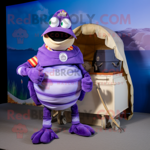 Purple Hermit Crab mascot costume character dressed with a Cargo Shorts and Watches