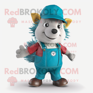 Teal Hedgehog mascot costume character dressed with a Dungarees and Hat pins
