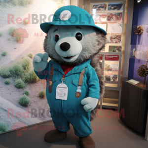 Teal Hedgehog mascot costume character dressed with a Dungarees and Hat pins