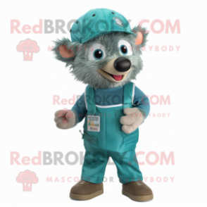 Teal Hedgehog mascot costume character dressed with a Dungarees and Hat pins