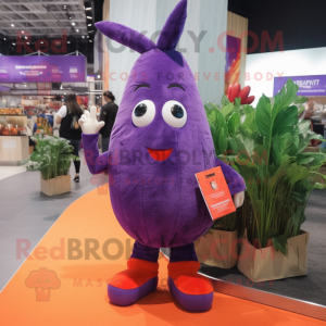 Purple Carrot mascot costume character dressed with a Denim Shorts and Coin purses