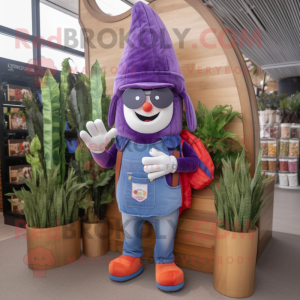 Purple Carrot mascot costume character dressed with a Denim Shorts and Coin purses