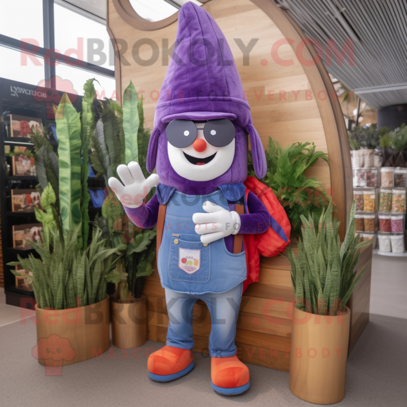 Purple Carrot mascot costume character dressed with a Denim Shorts and Coin purses Purple Carrot mascot costume character dressed with a Denim Shorts and Coin purses