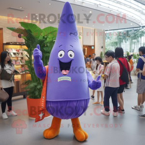 Purple Carrot mascot costume character dressed with a Denim Shorts and Coin purses