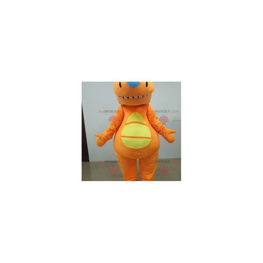 Orange und gelbes Dinosaurier-Maskottchen. Orangefarbener Anzug