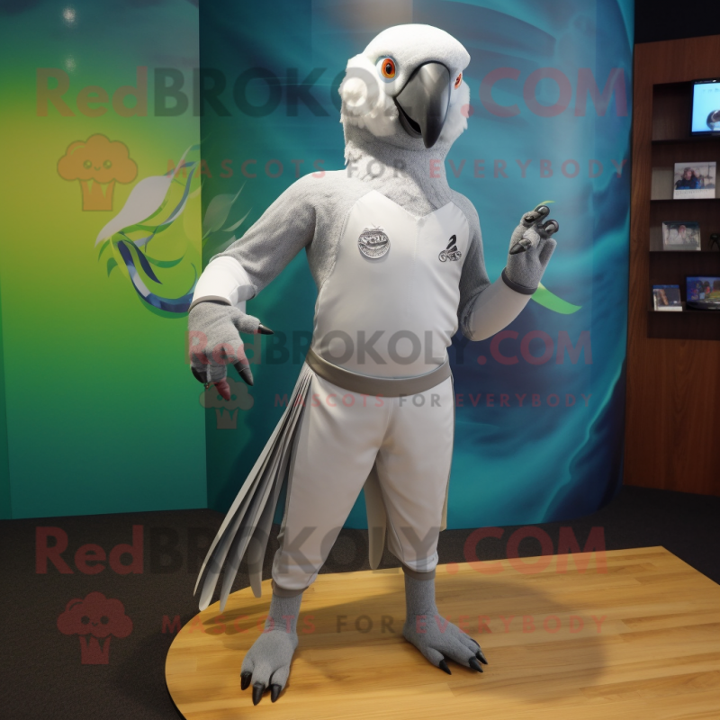 Silver Parrot mascot costume character dressed with a Rash Guard and Foot pads Silver Parrot mascot costume character dressed with a Rash Guard and Foot pads