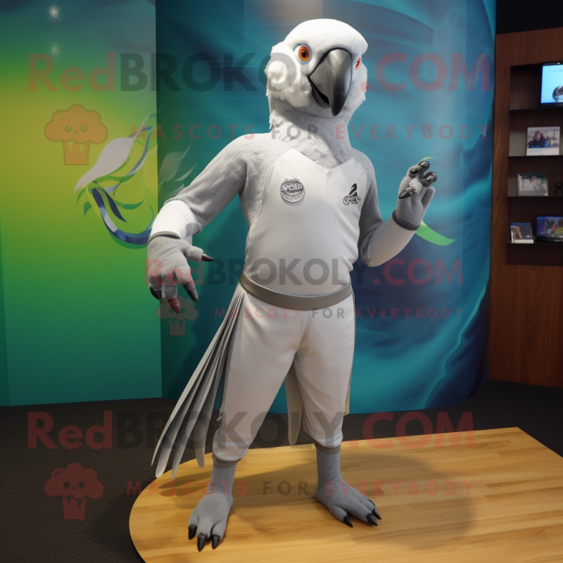 Silver Parrot mascot costume character dressed with a Rash Guard and Foot pads