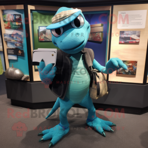 Teal Lizard mascot costume character dressed with a Jacket and Wallets