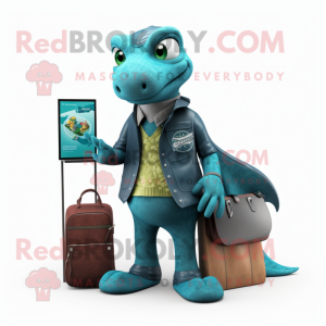 Teal Lizard mascot costume character dressed with a Jacket and Wallets