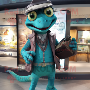 Teal Lizard mascot costume character dressed with a Jacket and Wallets