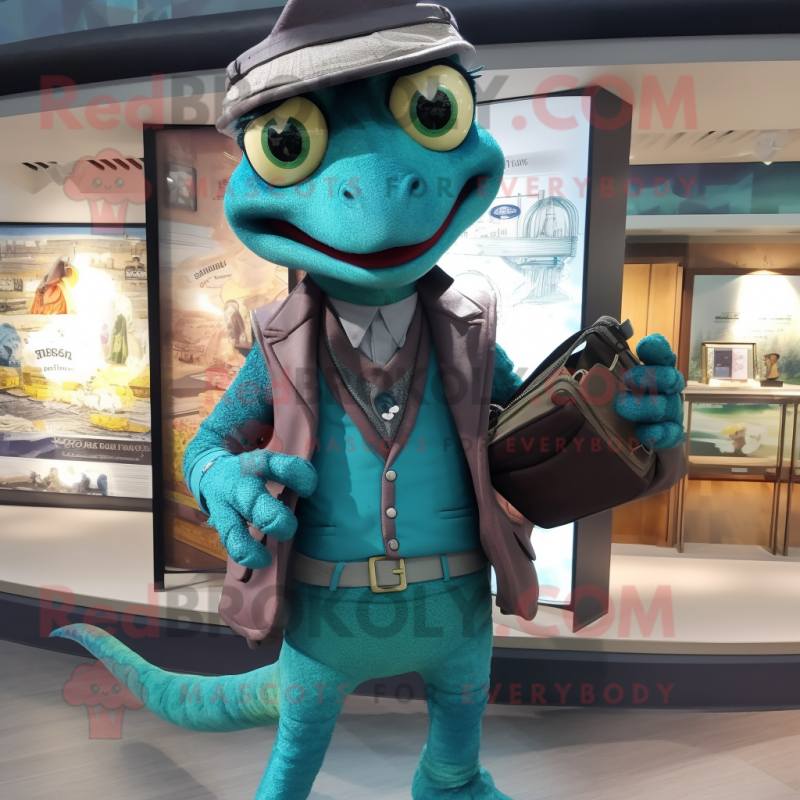 Teal Lizard mascot costume character dressed with a Jacket and Wallets Teal Lizard mascot costume character dressed with a Jacket and Wallets