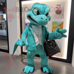 Teal Lizard mascot costume character dressed with a Jacket and Wallets