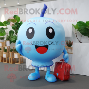 Sky Blue Cherry mascot costume character dressed with a Tank Top and Messenger bags