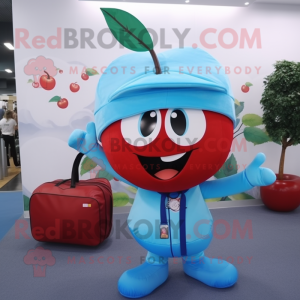 Sky Blue Cherry mascot costume character dressed with a Tank Top and Messenger bags