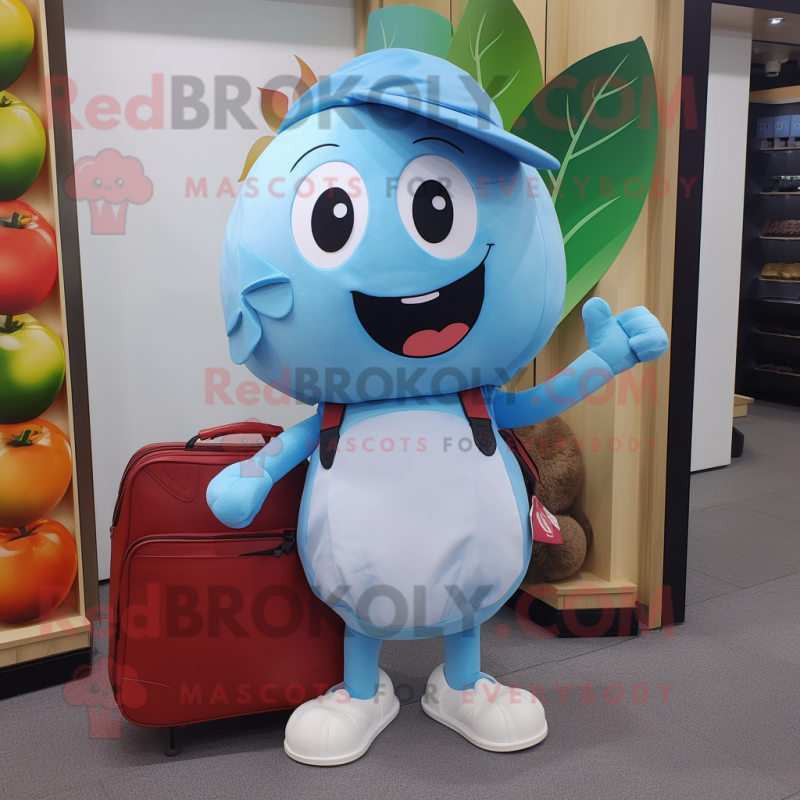 Sky Blue Cherry mascot costume character dressed with a Tank Top and Messenger bags