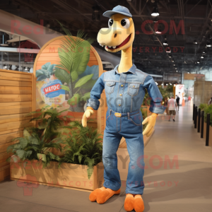 Peach Brachiosaurus mascot costume character dressed with a Denim Shirt and Bow ties