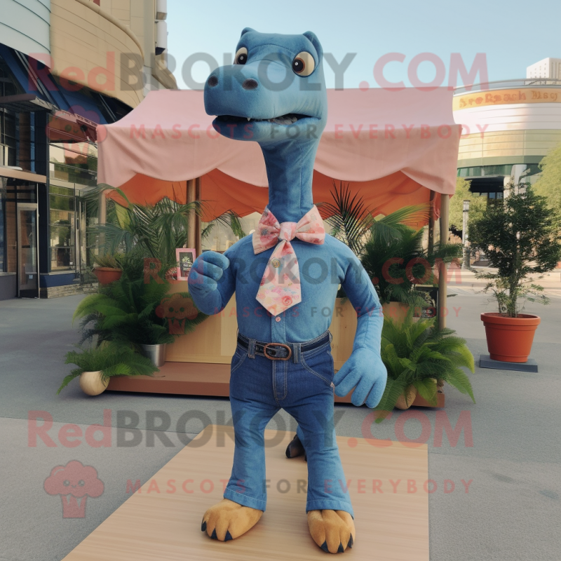 Peach Brachiosaurus mascot costume character dressed with a Denim Shirt and Bow ties Peach Brachiosaurus mascot costume character dressed with a Denim Shirt and Bow ties