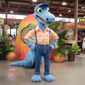 Peach Brachiosaurus mascot costume character dressed with a Denim Shirt and Bow ties