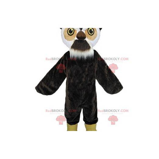 Mascotte gufo nero marrone e bianco con la barba -
