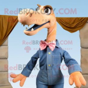 Peach Brachiosaurus mascot costume character dressed with a Denim Shirt and Bow ties