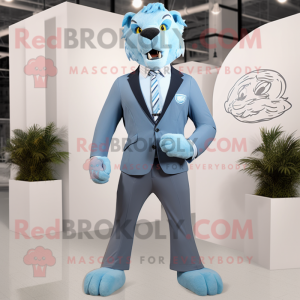 Sky Blue Smilodon mascot costume character dressed with a Blazer and Ties