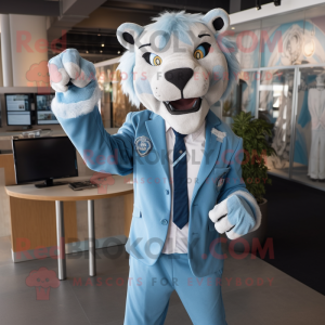 Sky Blue Smilodon mascot costume character dressed with a Blazer and Ties