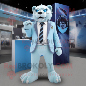 Sky Blue Smilodon mascot costume character dressed with a Blazer and Ties
