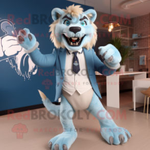 Sky Blue Smilodon mascot costume character dressed with a Blazer and Ties