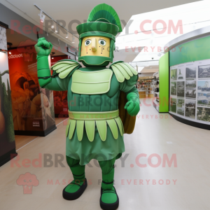 Green Roman Soldier mascot costume character dressed with a Dress Pants and Cummerbunds