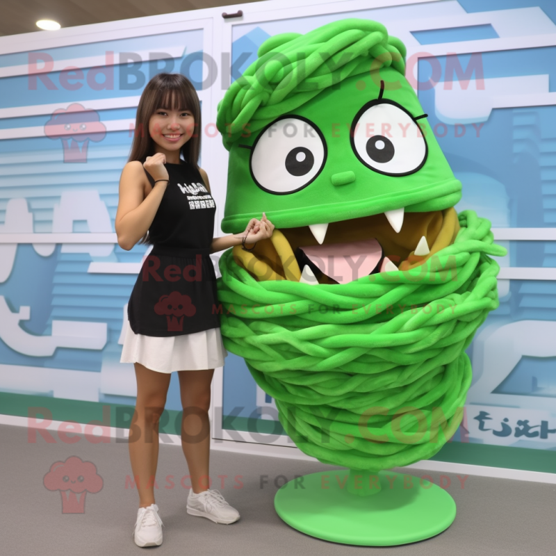 Forest Green Ramen mascot costume character dressed with a Bikini and Shoe laces Forest Green Ramen mascot costume character dressed with a Bikini and Shoe laces