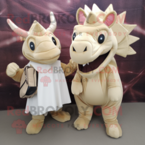 Beige Triceratops mascot costume character dressed with a Midi Dress and Messenger bags