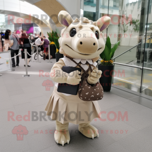 Beige Triceratops mascot costume character dressed with a Midi Dress and Messenger bags