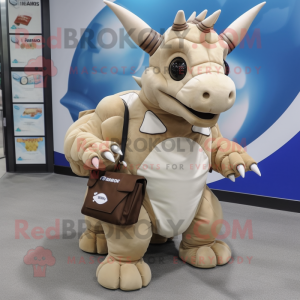 Beige Triceratops mascot costume character dressed with a Midi Dress and Messenger bags